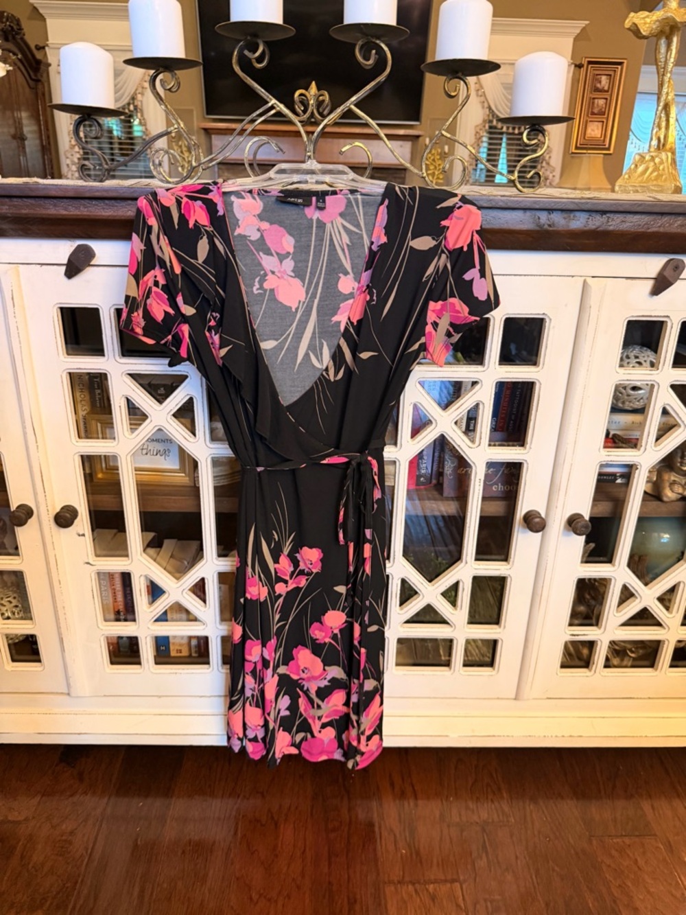 Black Floral Wrap Dress with Pink Accents